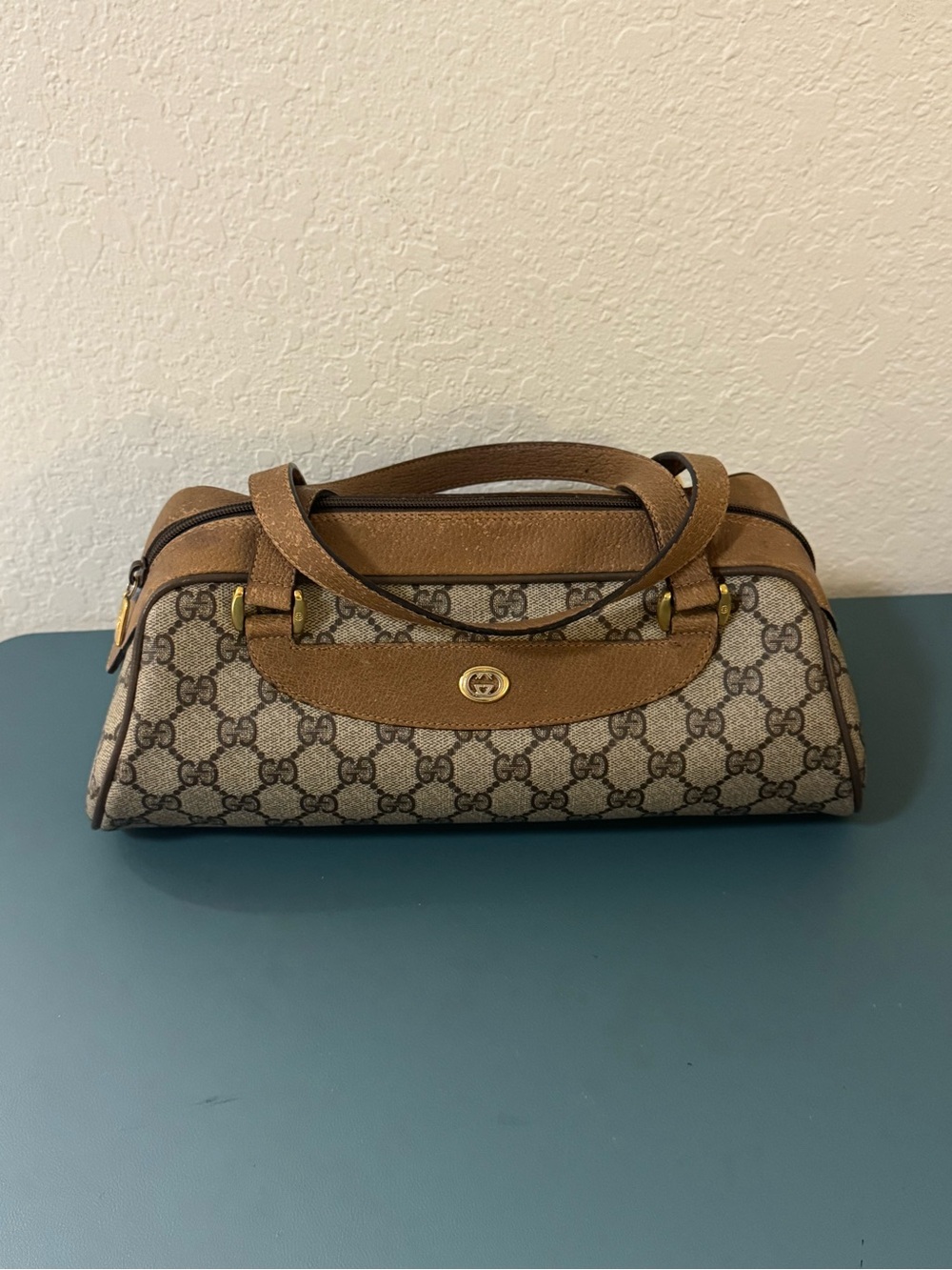 Vintage Gucci GG Supreme Canvas Brown Leather Top Handle Satchel Doctor Bag